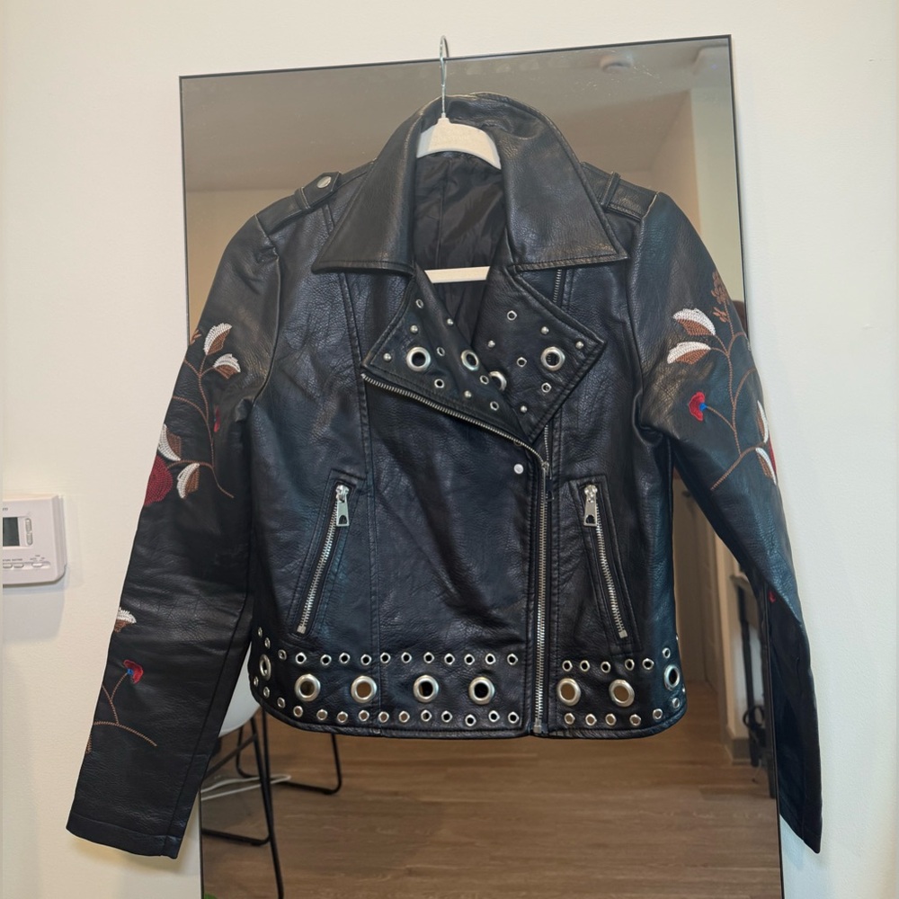 Embroidered Black Faux Leather Jacket